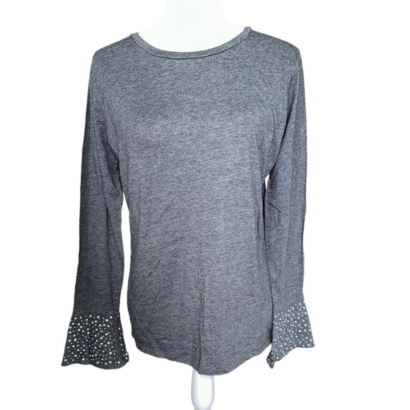 Michael Kors Grey Long Bell Sleeve Bead Embellished Shirt Size Large - Picture 2 of 6